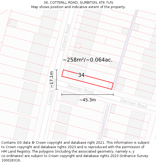 34, COTTERILL ROAD, SURBITON, KT6 7UN: Plot and title map