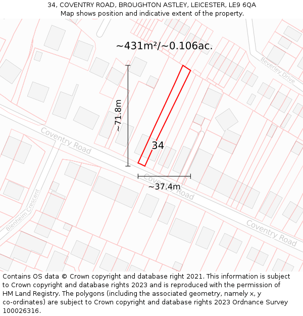 34, COVENTRY ROAD, BROUGHTON ASTLEY, LEICESTER, LE9 6QA: Plot and title map