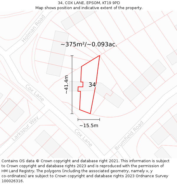 34, COX LANE, EPSOM, KT19 9PD: Plot and title map