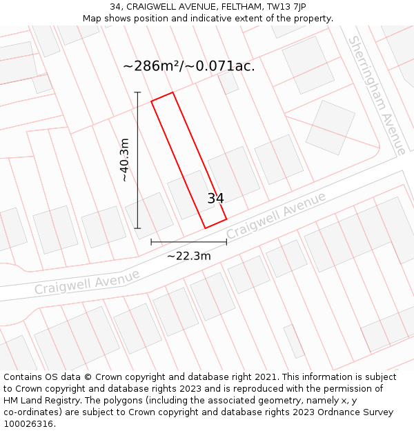34, CRAIGWELL AVENUE, FELTHAM, TW13 7JP: Plot and title map