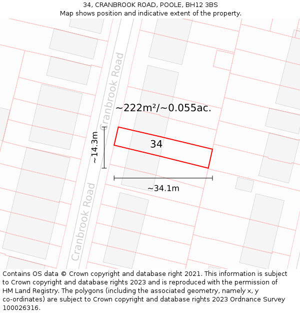 34, CRANBROOK ROAD, POOLE, BH12 3BS: Plot and title map