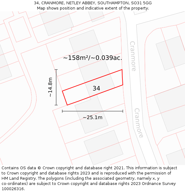 34, CRANMORE, NETLEY ABBEY, SOUTHAMPTON, SO31 5GG: Plot and title map
