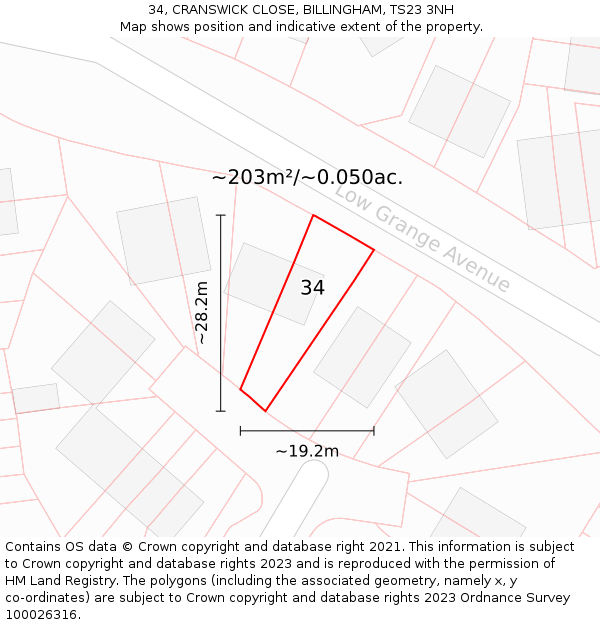 34, CRANSWICK CLOSE, BILLINGHAM, TS23 3NH: Plot and title map