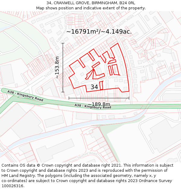 34, CRANWELL GROVE, BIRMINGHAM, B24 0RL: Plot and title map