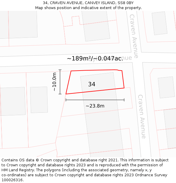 34, CRAVEN AVENUE, CANVEY ISLAND, SS8 0BY: Plot and title map