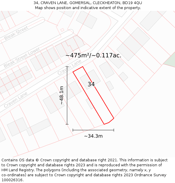 34, CRAVEN LANE, GOMERSAL, CLECKHEATON, BD19 4QU: Plot and title map