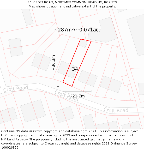 34, CROFT ROAD, MORTIMER COMMON, READING, RG7 3TS: Plot and title map