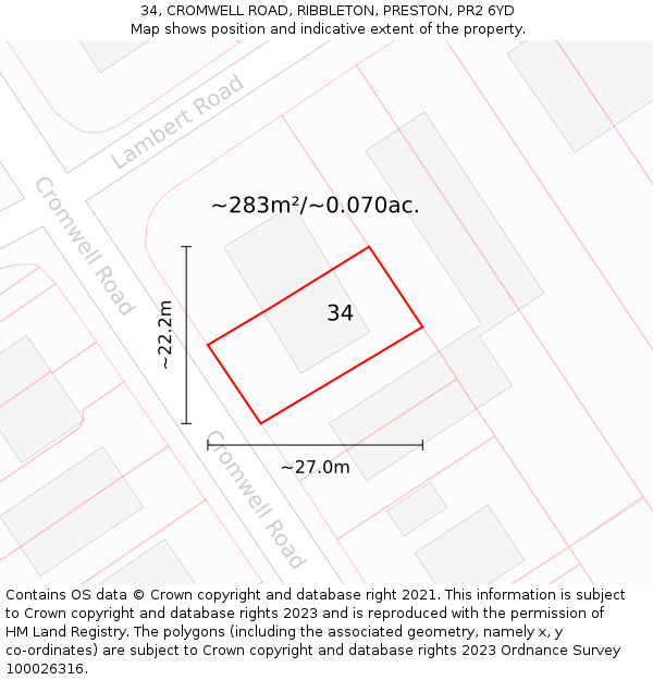 34, CROMWELL ROAD, RIBBLETON, PRESTON, PR2 6YD: Plot and title map