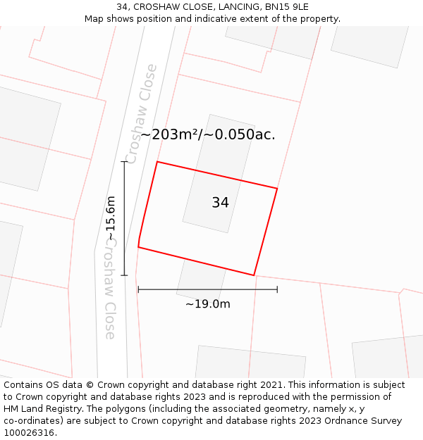 34, CROSHAW CLOSE, LANCING, BN15 9LE: Plot and title map