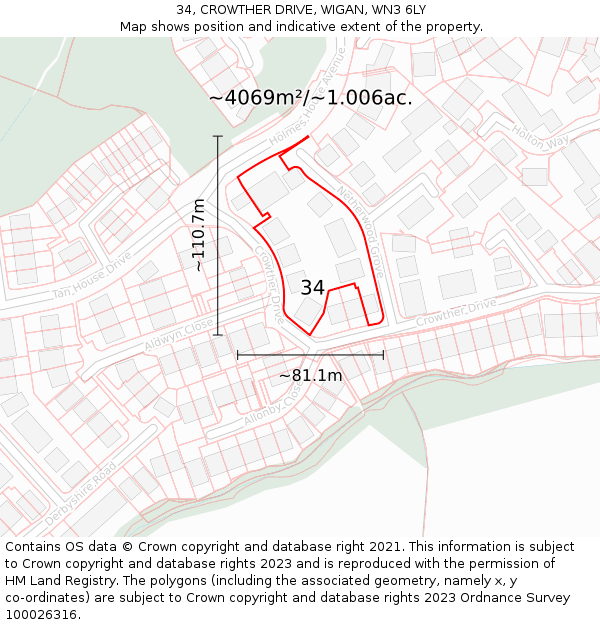 34, CROWTHER DRIVE, WIGAN, WN3 6LY: Plot and title map