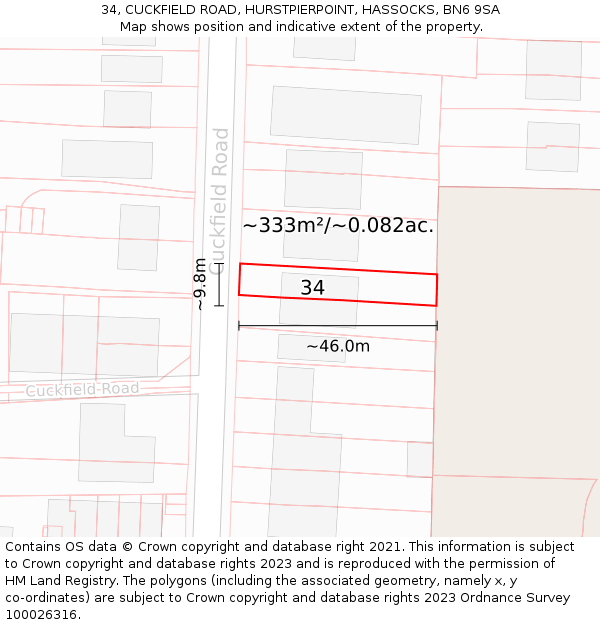 34, CUCKFIELD ROAD, HURSTPIERPOINT, HASSOCKS, BN6 9SA: Plot and title map
