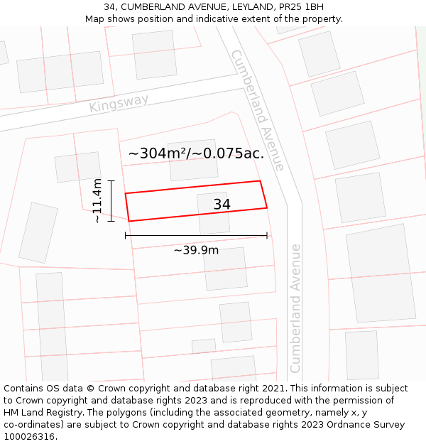 34, CUMBERLAND AVENUE, LEYLAND, PR25 1BH: Plot and title map
