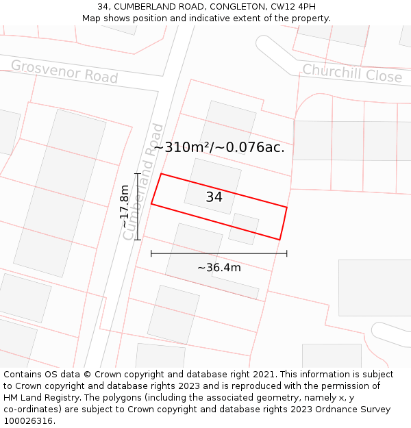 34, CUMBERLAND ROAD, CONGLETON, CW12 4PH: Plot and title map