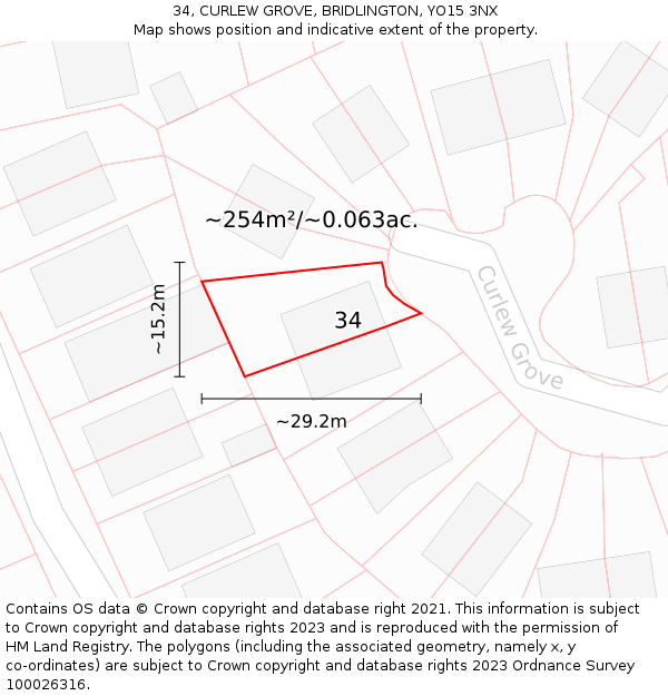 34, CURLEW GROVE, BRIDLINGTON, YO15 3NX: Plot and title map