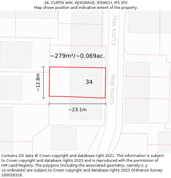 34, CURTIS WAY, KESGRAVE, IPSWICH, IP5 2FX: Plot and title map
