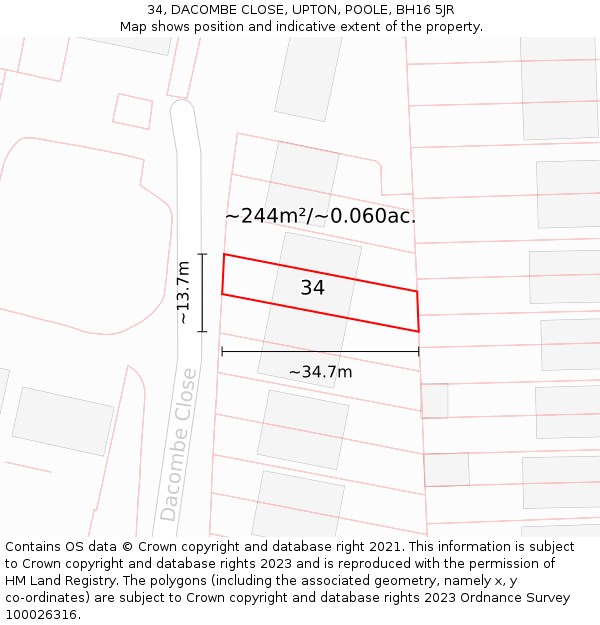 34, DACOMBE CLOSE, UPTON, POOLE, BH16 5JR: Plot and title map