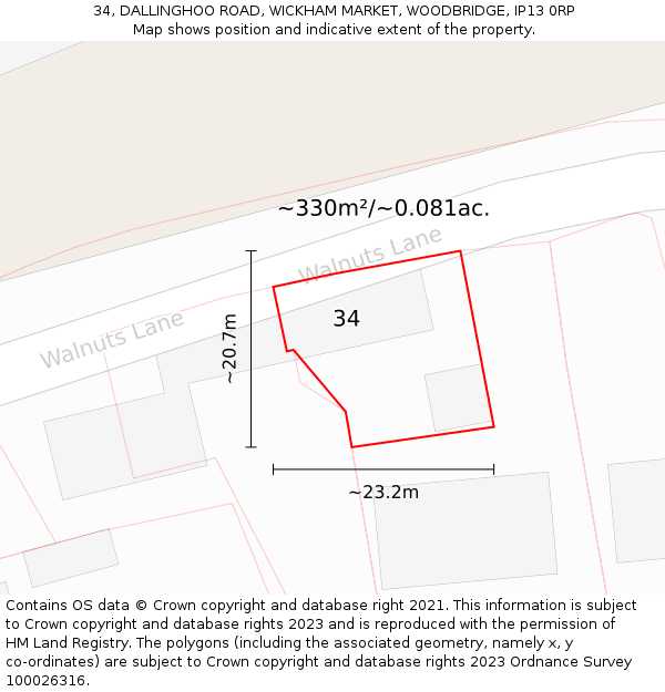 34, DALLINGHOO ROAD, WICKHAM MARKET, WOODBRIDGE, IP13 0RP: Plot and title map