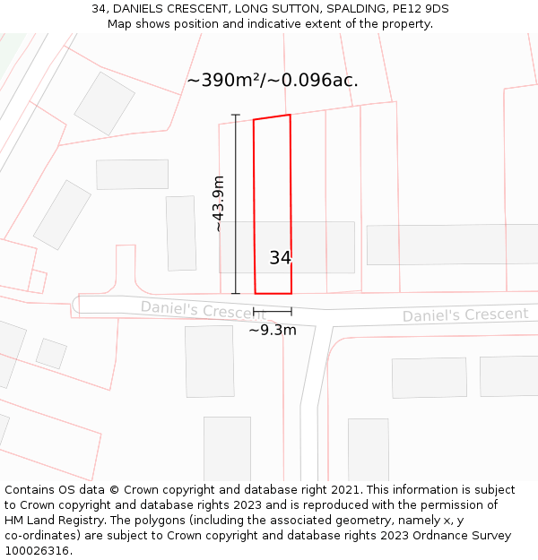 34, DANIELS CRESCENT, LONG SUTTON, SPALDING, PE12 9DS: Plot and title map