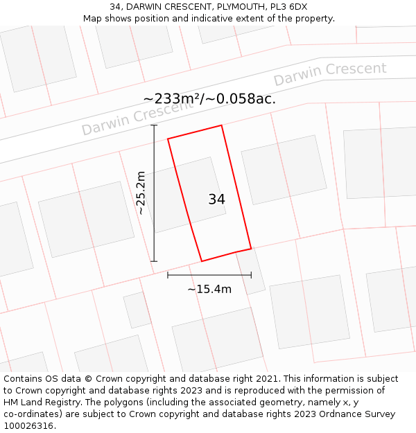 34, DARWIN CRESCENT, PLYMOUTH, PL3 6DX: Plot and title map