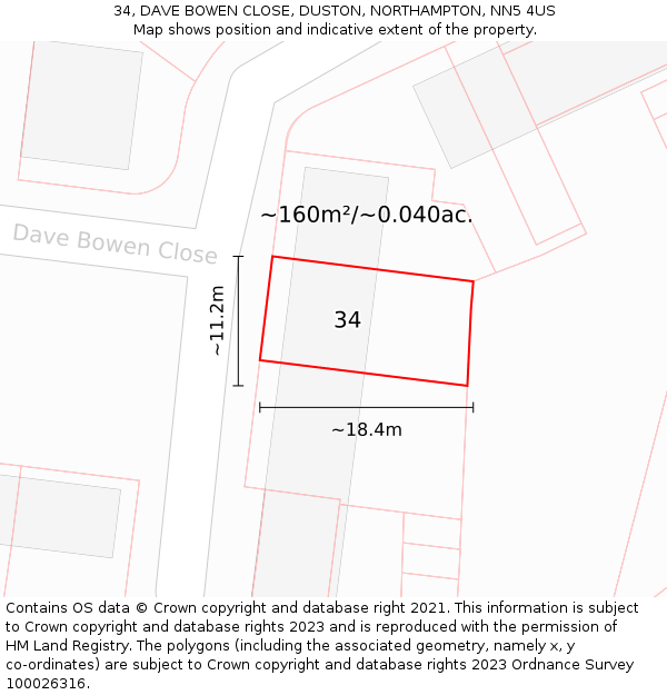 34, DAVE BOWEN CLOSE, DUSTON, NORTHAMPTON, NN5 4US: Plot and title map