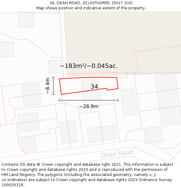 34, DEAN ROAD, SCUNTHORPE, DN17 1HG: Plot and title map