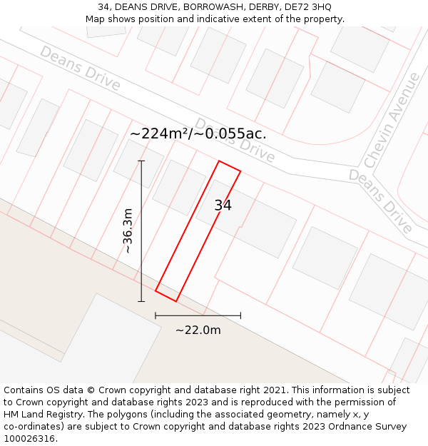 34, DEANS DRIVE, BORROWASH, DERBY, DE72 3HQ: Plot and title map