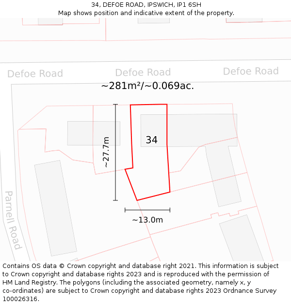 34, DEFOE ROAD, IPSWICH, IP1 6SH: Plot and title map