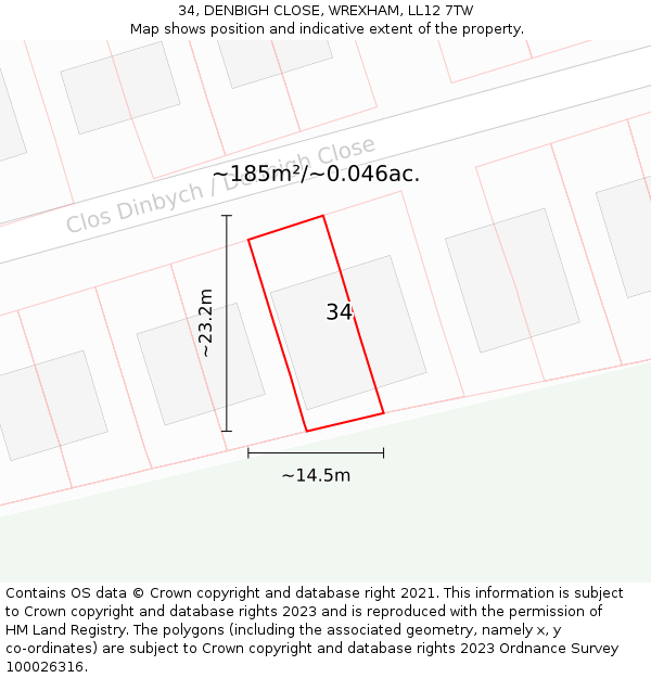 34, DENBIGH CLOSE, WREXHAM, LL12 7TW: Plot and title map