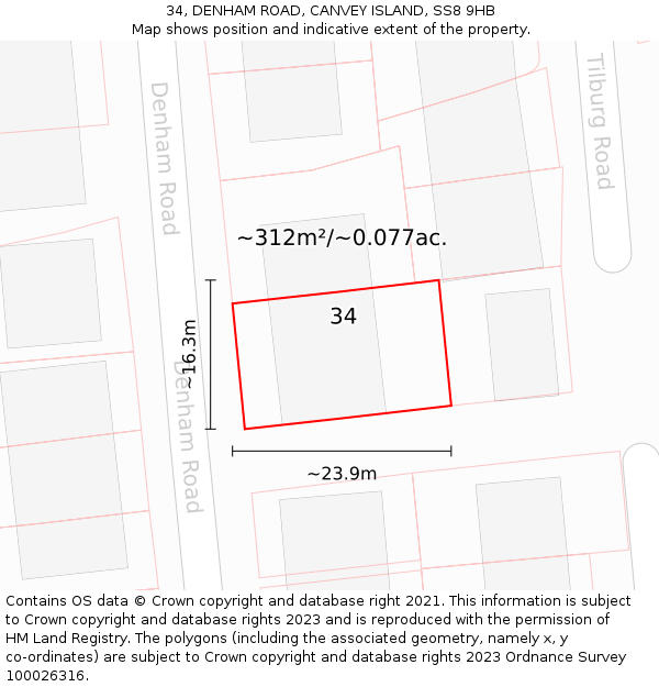34, DENHAM ROAD, CANVEY ISLAND, SS8 9HB: Plot and title map