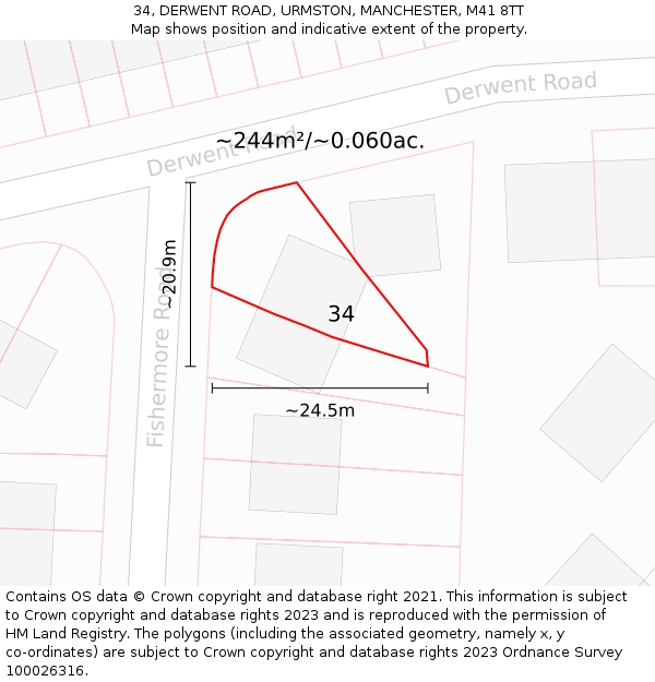 34, DERWENT ROAD, URMSTON, MANCHESTER, M41 8TT: Plot and title map