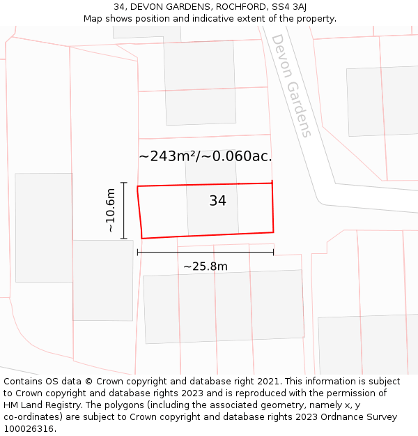 34, DEVON GARDENS, ROCHFORD, SS4 3AJ: Plot and title map