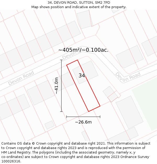 34, DEVON ROAD, SUTTON, SM2 7PD: Plot and title map