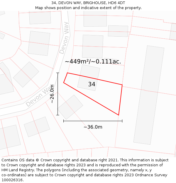 34, DEVON WAY, BRIGHOUSE, HD6 4DT: Plot and title map