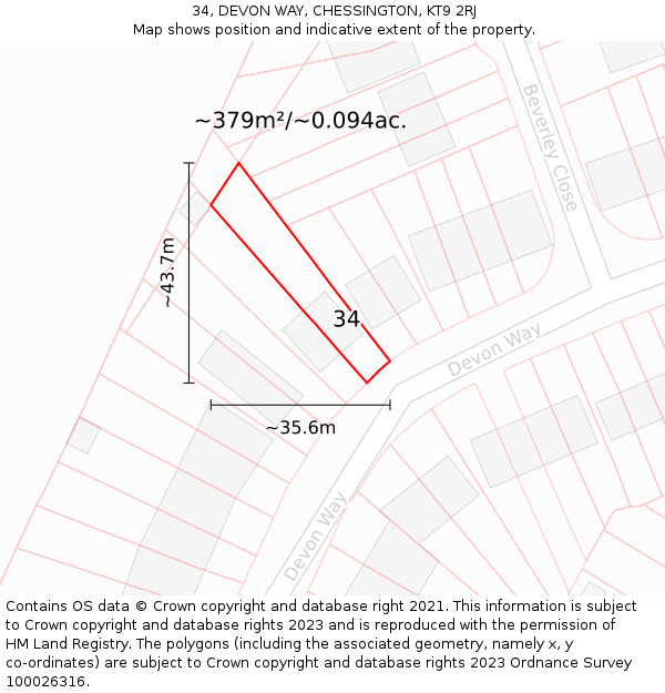 34, DEVON WAY, CHESSINGTON, KT9 2RJ: Plot and title map