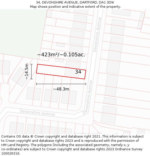 34, DEVONSHIRE AVENUE, DARTFORD, DA1 3DW: Plot and title map