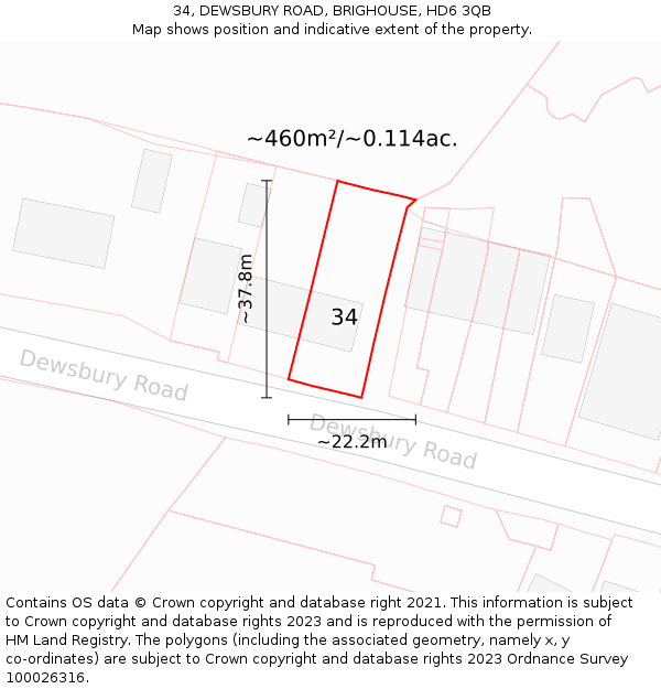34, DEWSBURY ROAD, BRIGHOUSE, HD6 3QB: Plot and title map