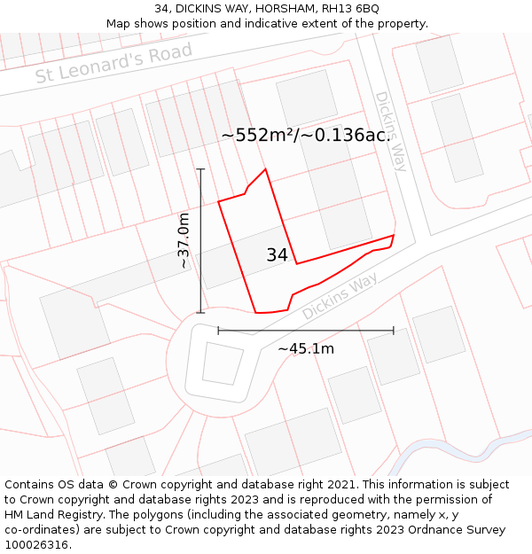 34, DICKINS WAY, HORSHAM, RH13 6BQ: Plot and title map
