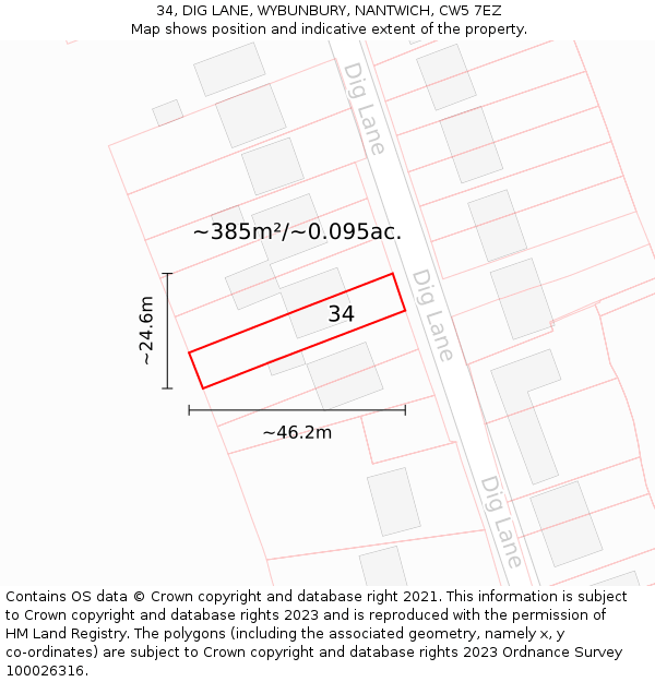 34, DIG LANE, WYBUNBURY, NANTWICH, CW5 7EZ: Plot and title map