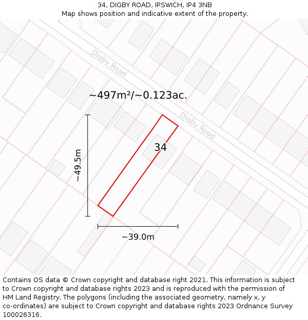 34, DIGBY ROAD, IPSWICH, IP4 3NB: Plot and title map