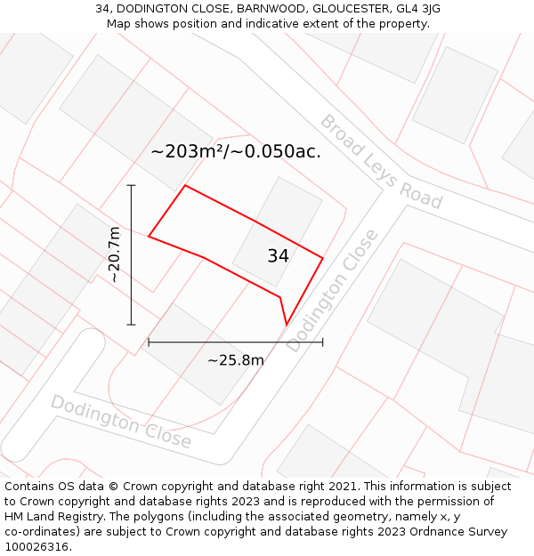 34, DODINGTON CLOSE, BARNWOOD, GLOUCESTER, GL4 3JG: Plot and title map