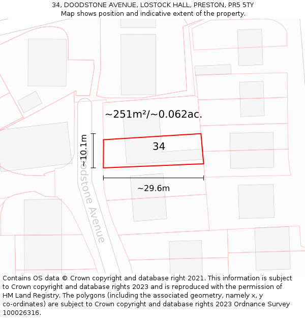 34, DOODSTONE AVENUE, LOSTOCK HALL, PRESTON, PR5 5TY: Plot and title map