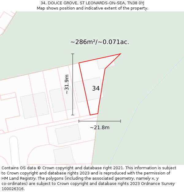 34, DOUCE GROVE, ST LEONARDS-ON-SEA, TN38 0YJ: Plot and title map