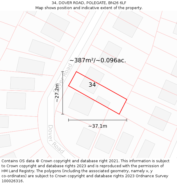 34, DOVER ROAD, POLEGATE, BN26 6LF: Plot and title map