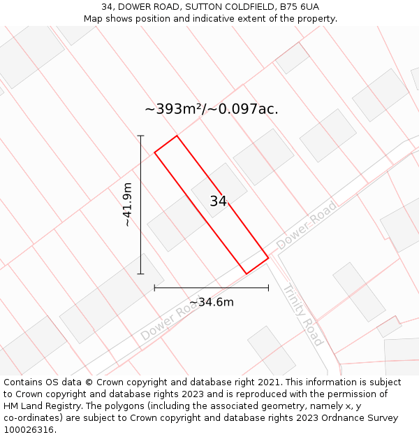 34, DOWER ROAD, SUTTON COLDFIELD, B75 6UA: Plot and title map