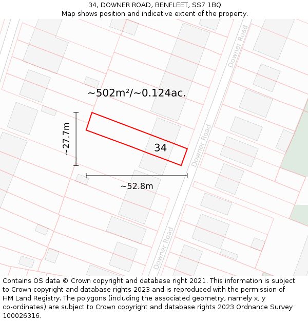 34, DOWNER ROAD, BENFLEET, SS7 1BQ: Plot and title map