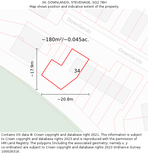 34, DOWNLANDS, STEVENAGE, SG2 7BH: Plot and title map