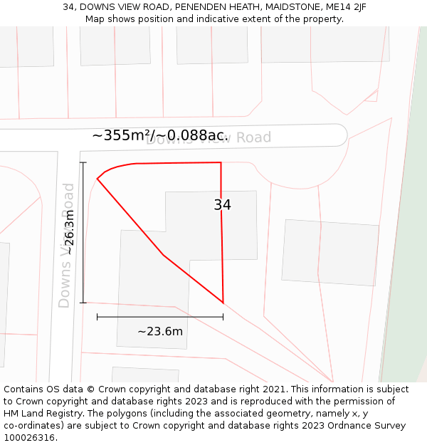 34, DOWNS VIEW ROAD, PENENDEN HEATH, MAIDSTONE, ME14 2JF: Plot and title map