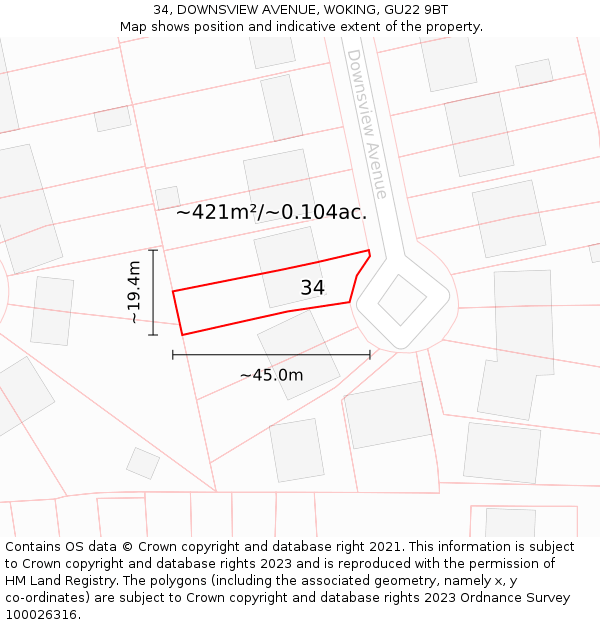 34, DOWNSVIEW AVENUE, WOKING, GU22 9BT: Plot and title map