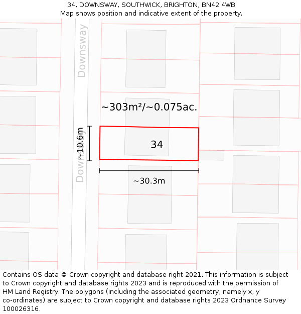 34, DOWNSWAY, SOUTHWICK, BRIGHTON, BN42 4WB: Plot and title map