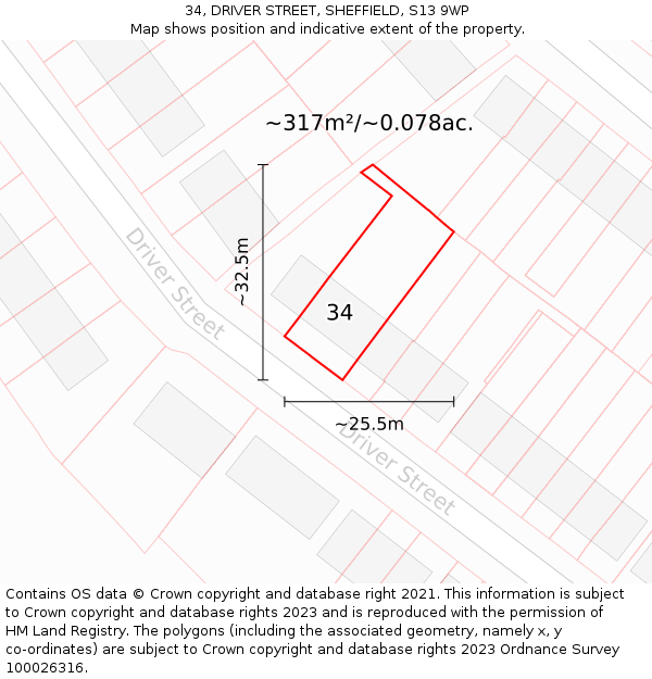 34, DRIVER STREET, SHEFFIELD, S13 9WP: Plot and title map